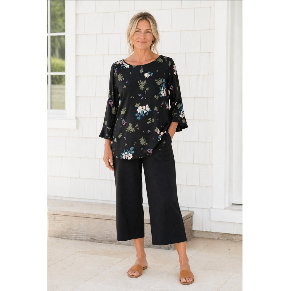 J. Jill Wearever Floral Tunic Top‎ Women L Black Knit 3/4 Sleeve Tulip Cuff